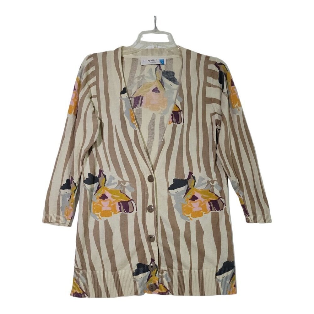 Anthropologie Sparrow Floral Rendering Striped Floral 100% Cotton Cardigan Med